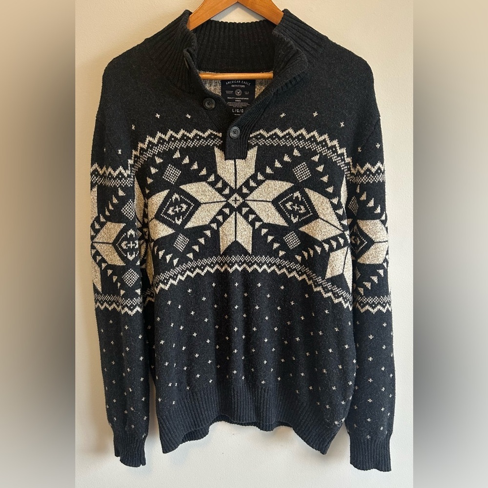 American Eagle Mens Grey Polo Knit Henley Sweater Aztec Design - Size L